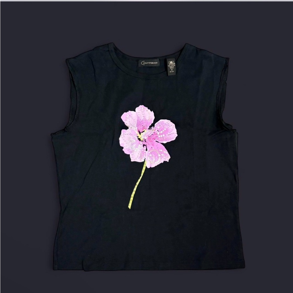 Context Black Muscle Tee with Pink Floral Accent